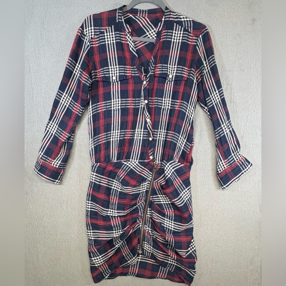 NO Label “VERONICA BEARD” Navy Red Plaid Ruched Pearl Snap Shirt Dress Size XS